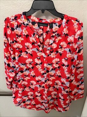 Cynthia Rowley Red Floral Split-Neck Blouse